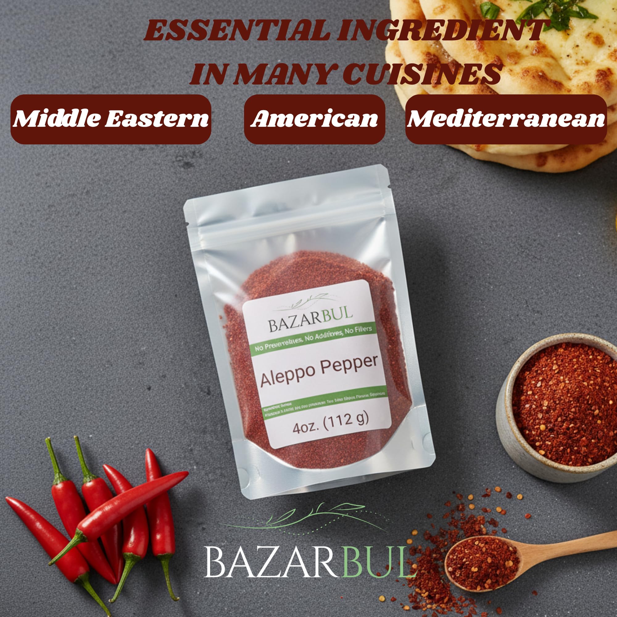 Premium Crushed Aleppo Pepper Flakes 4 Ounces - Bazarbul